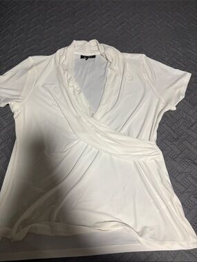 DKNY White Surplice Short Sleeve Wrap Top